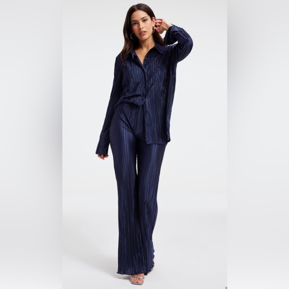 Good American Blue Always Fits Plisse Wide Leg Pants